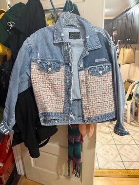 GUESS Light Blue Denim Jacket with Multicolor Tweed Panels